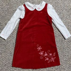 Red velvet dress with embroidered flowers